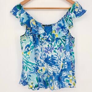 Ralph Lauren Blue Green Floral 100% Silk Ruffle Collar Top Size 12